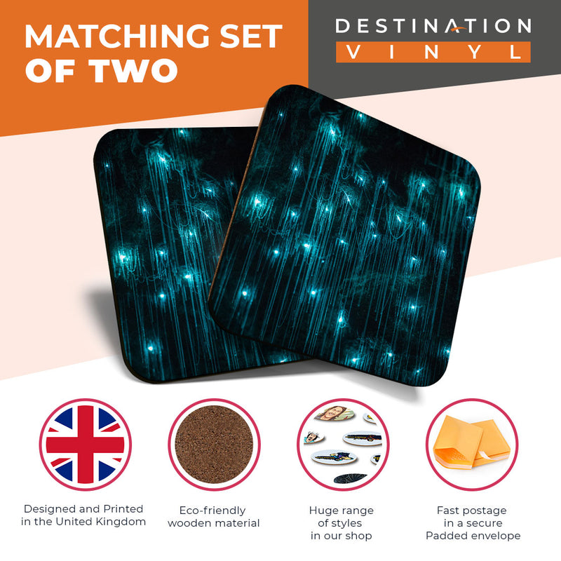 Great Coasters (Set of 2) Square / Glossy Quality Coasters / Tabletop Protection for Any Table Type - Amazing Glowworm Cave Lights