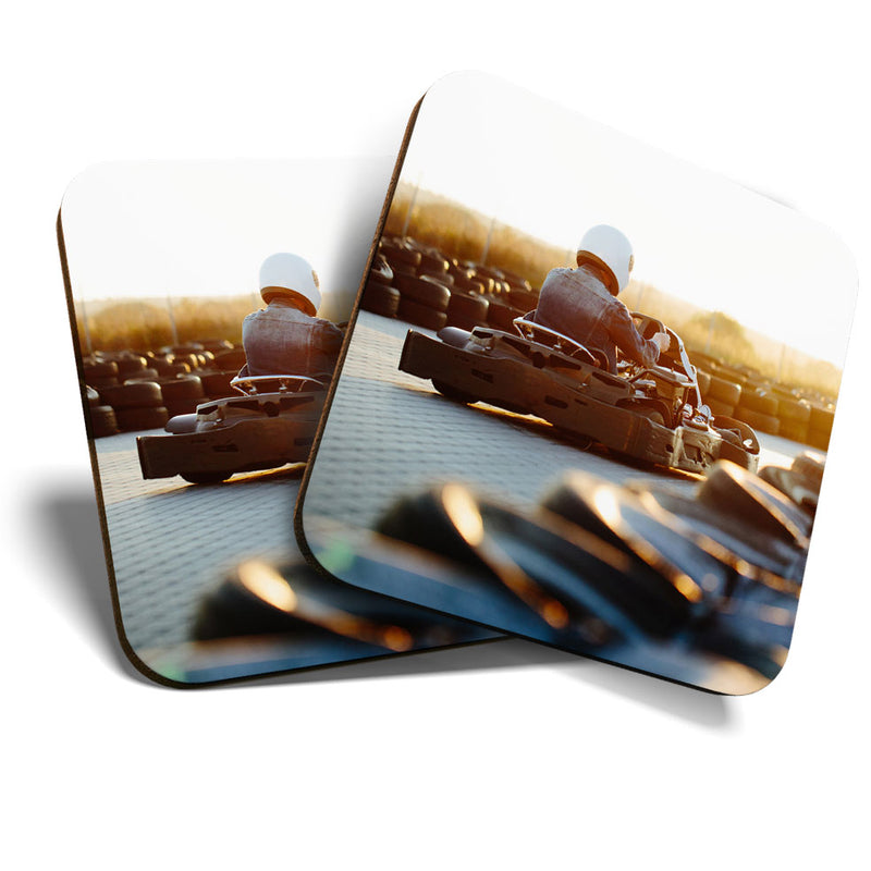 Great Coasters (Set of 2) Square / Glossy Quality Coasters / Tabletop Protection for Any Table Type - Cool Go Karting Kart Racing