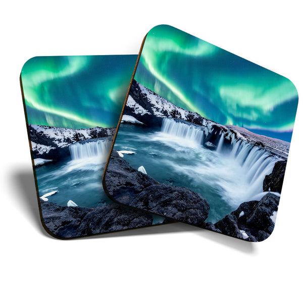 Great Coasters (Set of 2) Square / Glossy Quality Coasters / Tabletop Protection for Any Table Type - Godafoss Waterfall Iceland  #3310