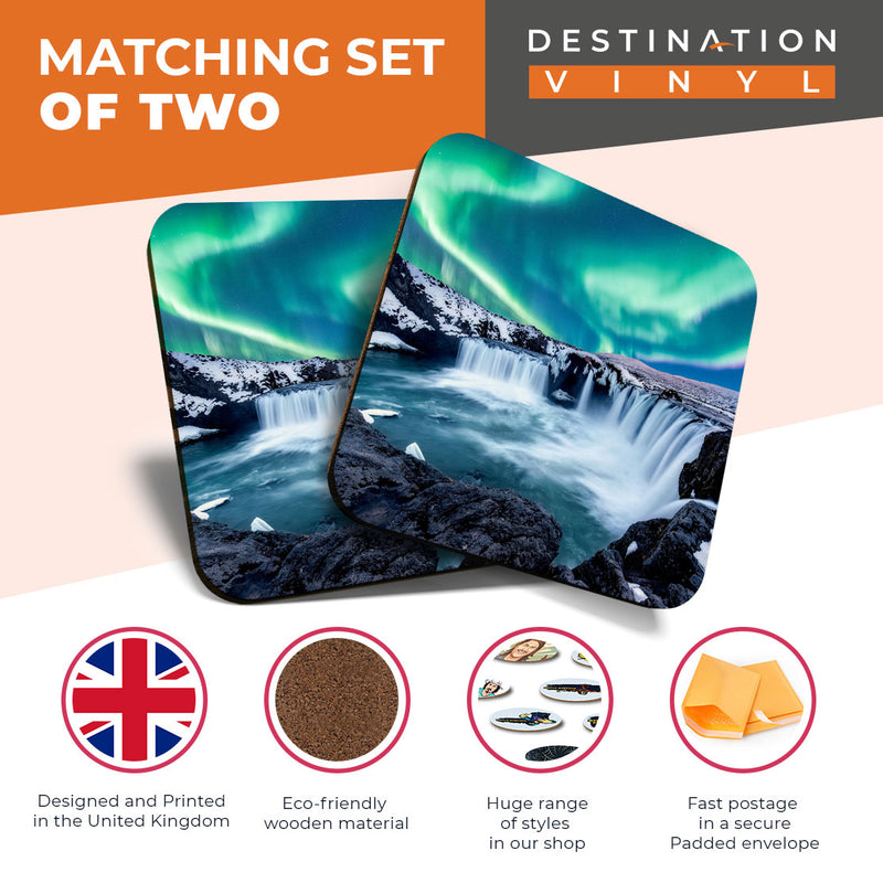 Great Coasters (Set of 2) Square / Glossy Quality Coasters / Tabletop Protection for Any Table Type - Godafoss Waterfall Iceland
