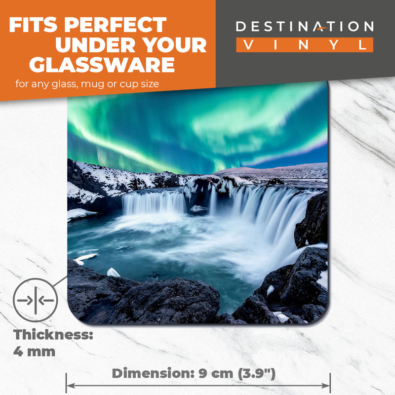 Great Coasters (Set of 2) Square / Glossy Quality Coasters / Tabletop Protection for Any Table Type - Godafoss Waterfall Iceland