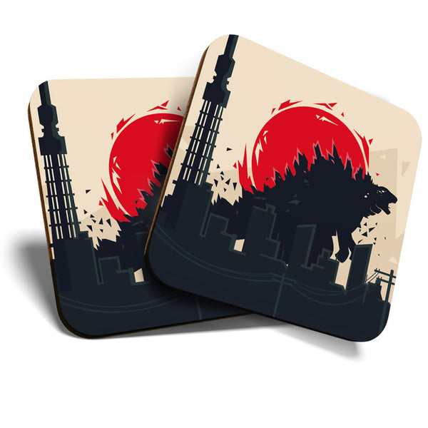 Great Coasters (Set of 2) Square / Glossy Quality Coasters / Tabletop Protection for Any Table Type - Fun Godzilla Dinosaur Lizard  #3311