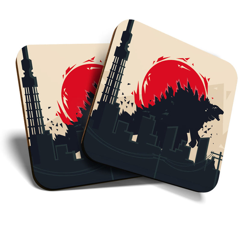 Great Coasters (Set of 2) Square / Glossy Quality Coasters / Tabletop Protection for Any Table Type - Fun Godzilla Dinosaur Lizard