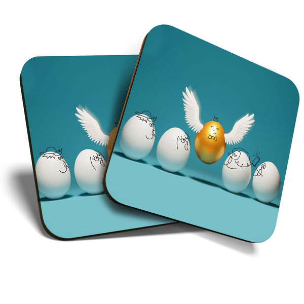 Great Coasters (Set of 2) Square / Glossy Quality Coasters / Tabletop Protection for Any Table Type - Golden Egg with Wings Goose  #3314