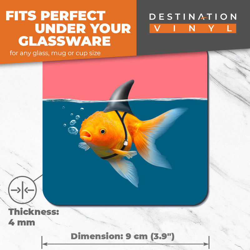 Great Coasters (Set of 2) Square / Glossy Quality Coasters / Tabletop Protection for Any Table Type - Funny Goldfish Shark Fish
