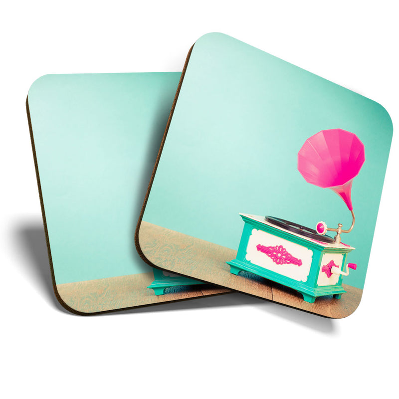 Great Coasters (Set of 2) Square / Glossy Quality Coasters / Tabletop Protection for Any Table Type - Fun Vintage Retro Gramophone