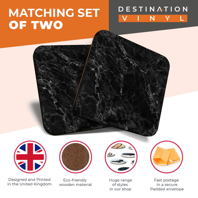 Great Coasters (Set of 2) Square / Glossy Quality Coasters / Tabletop Protection for Any Table Type - Black Granite Rock Effect