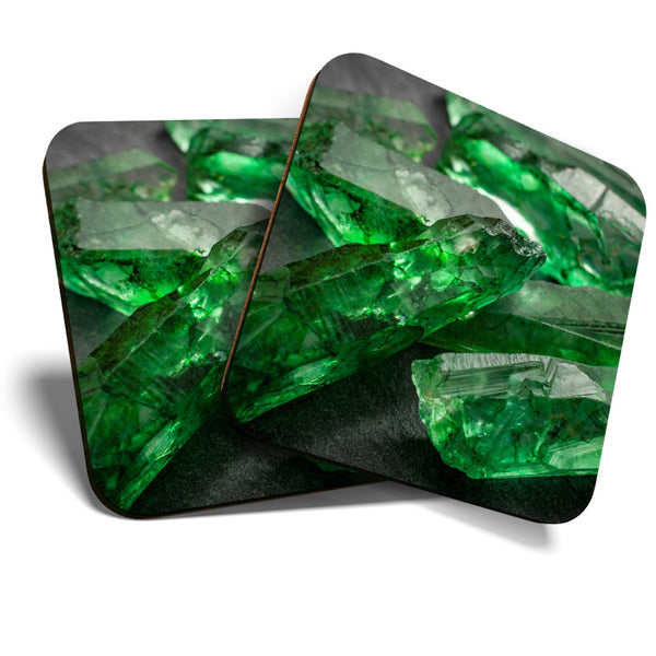 Great Coasters (Set of 2) Square / Glossy Quality Coasters / Tabletop Protection for Any Table Type - Green Emerald Stone Uncut  #3328