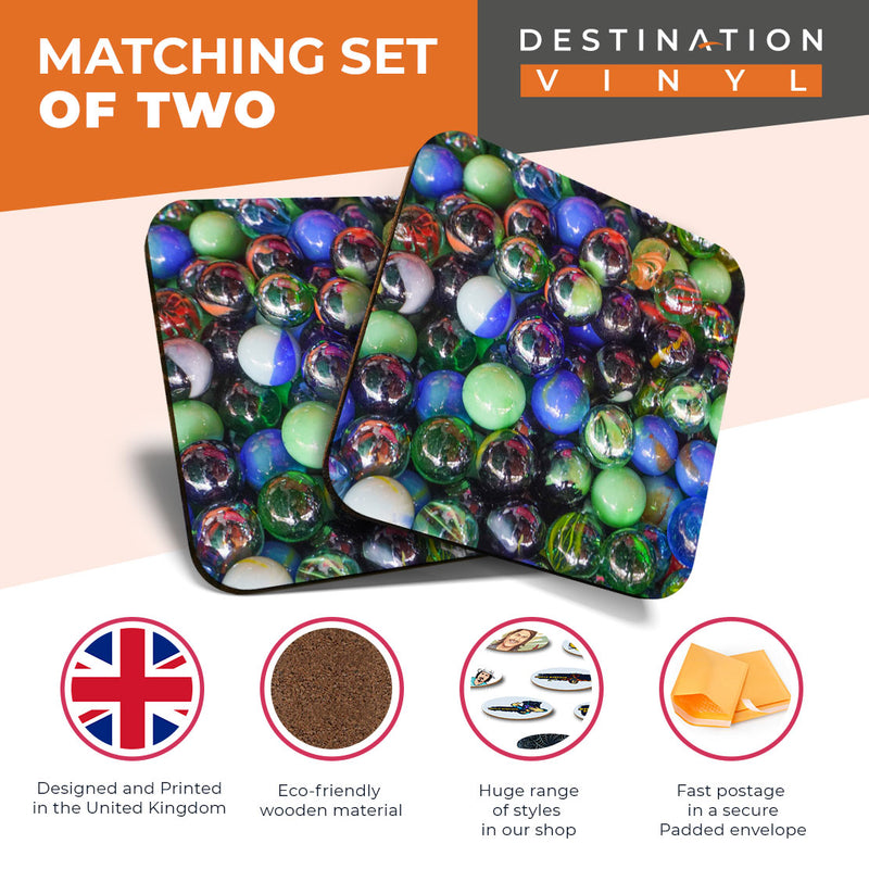 Great Coasters (Set of 2) Square / Glossy Quality Coasters / Tabletop Protection for Any Table Type - Cool Glass Marbles Marble