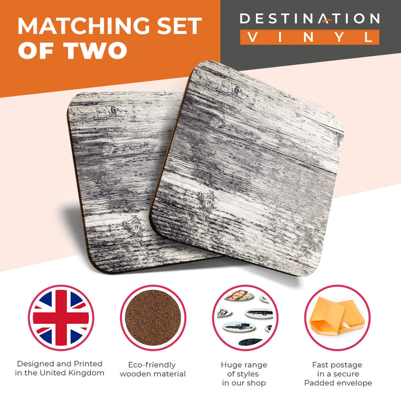 Great Coasters (Set of 2) Square / Glossy Quality Coasters / Tabletop Protection for Any Table Type - Distressed Light Wood Effect