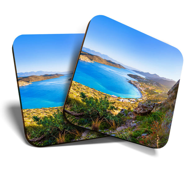 Great Coasters (Set of 2) Square / Glossy Quality Coasters / Tabletop Protection for Any Table Type - Spinalonga Crete Greece  #3334