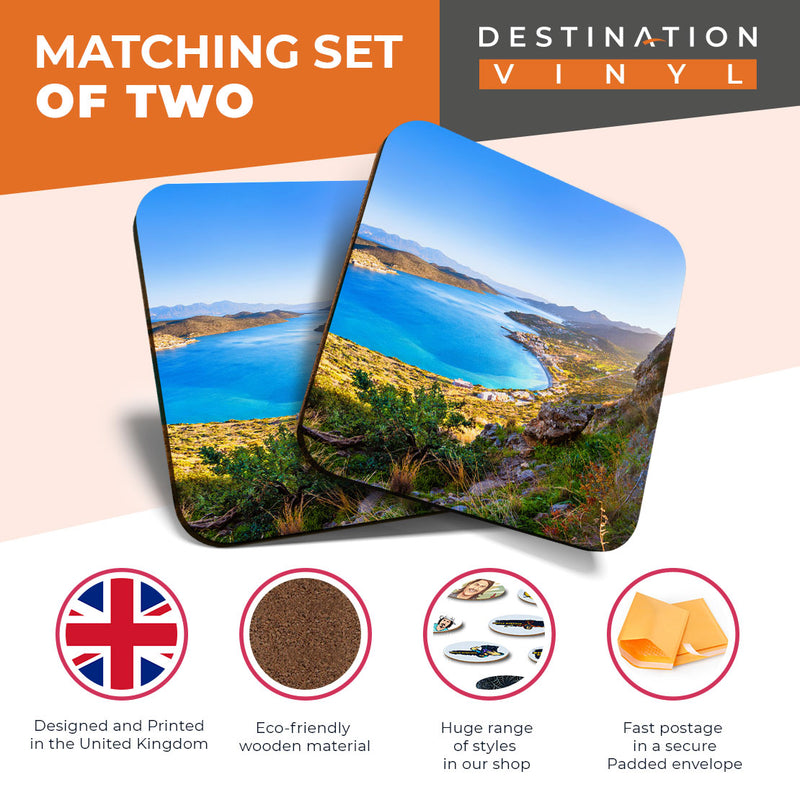 Great Coasters (Set of 2) Square / Glossy Quality Coasters / Tabletop Protection for Any Table Type - Spinalonga Crete Greece