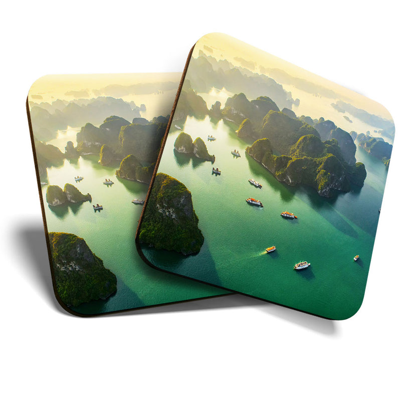 Great Coasters (Set of 2) Square / Glossy Quality Coasters / Tabletop Protection for Any Table Type - Halong Bay Vietnam Landscape