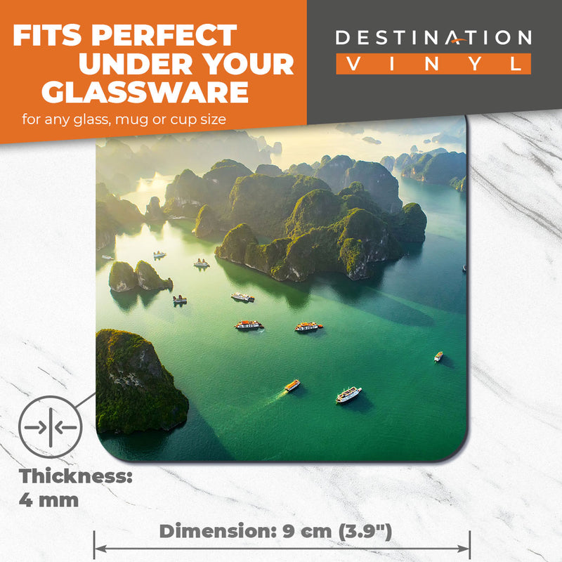 Great Coasters (Set of 2) Square / Glossy Quality Coasters / Tabletop Protection for Any Table Type - Halong Bay Vietnam Landscape