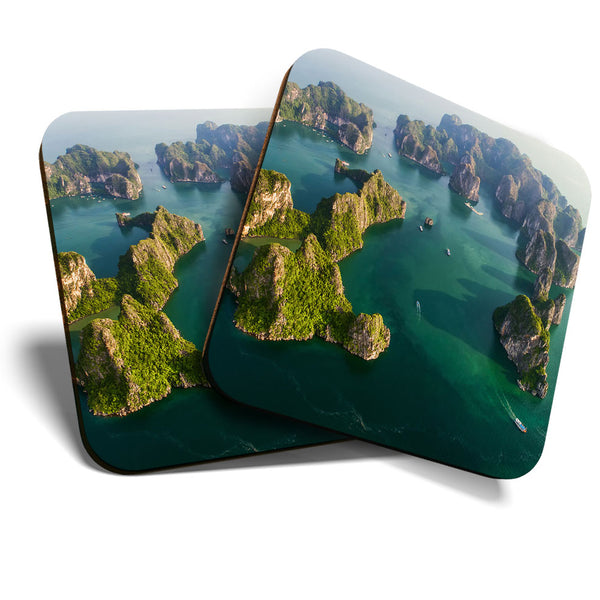 Great Coasters (Set of 2) Square / Glossy Quality Coasters / Tabletop Protection for Any Table Type - Halong Bay Vietnam Landscape  #3339