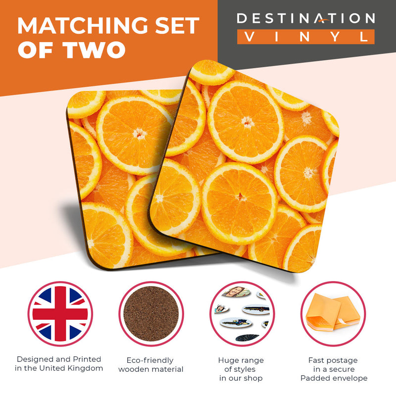 Great Coasters (Set of 2) Square / Glossy Quality Coasters / Tabletop Protection for Any Table Type - Healthy Food Sliced Orange