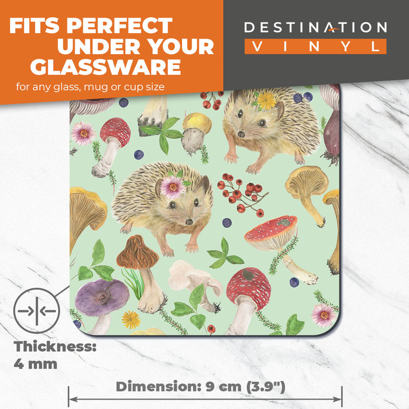 Great Coasters (Set of 2) Square / Glossy Quality Coasters / Tabletop Protection for Any Table Type - Wild Hedgehog Garden Animal