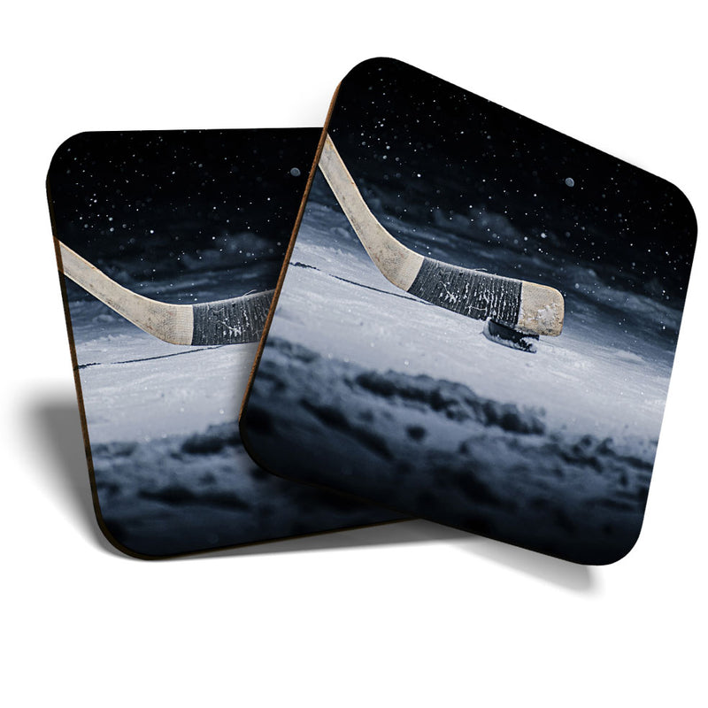 Great Coasters (Set of 2) Square / Glossy Quality Coasters / Tabletop Protection for Any Table Type - Hockey Stick & Puck Ice Rink