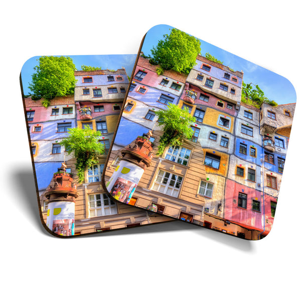 Great Coasters (Set of 2) Square / Glossy Quality Coasters / Tabletop Protection for Any Table Type - Hundertwasser Houses Vienna  #3367