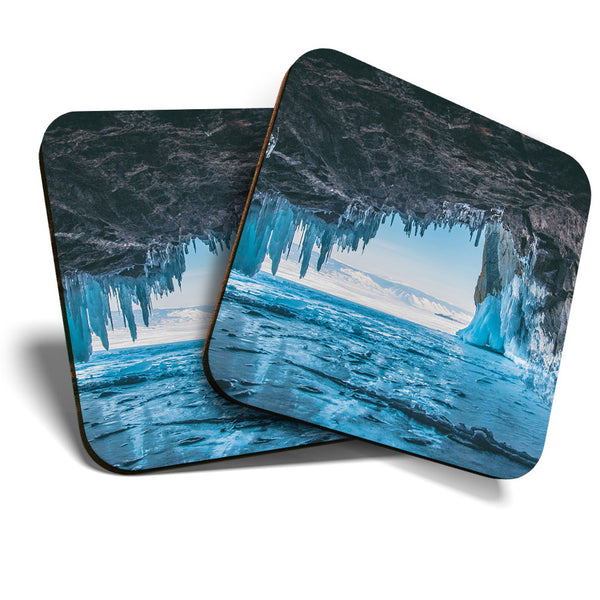 Great Coasters (Set of 2) Square / Glossy Quality Coasters / Tabletop Protection for Any Table Type - Awesome Ice Cave Lake Baikal  #3376