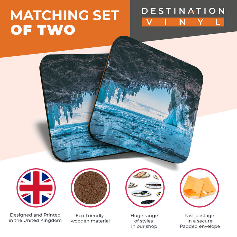 Great Coasters (Set of 2) Square / Glossy Quality Coasters / Tabletop Protection for Any Table Type - Awesome Ice Cave Lake Baikal