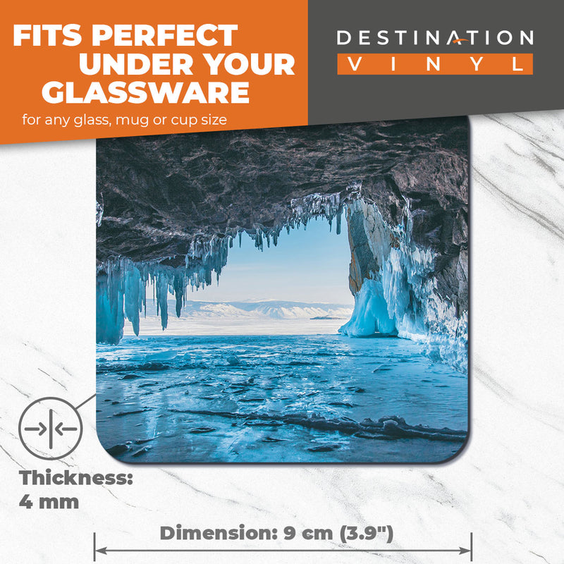 Great Coasters (Set of 2) Square / Glossy Quality Coasters / Tabletop Protection for Any Table Type - Awesome Ice Cave Lake Baikal