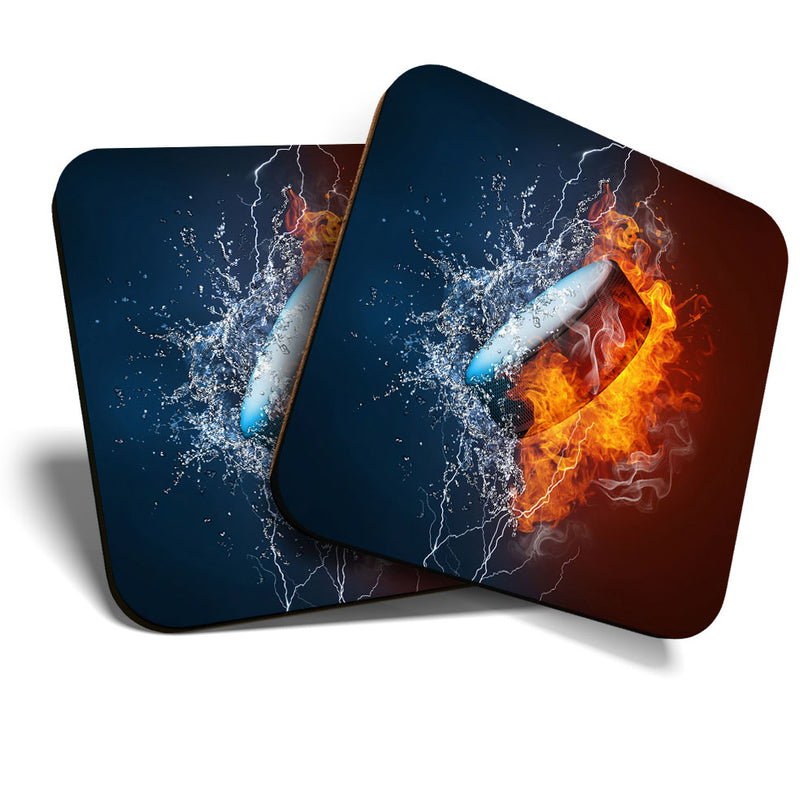 Great Coasters (Set of 2) Square / Glossy Quality Coasters / Tabletop Protection for Any Table Type - Awesome Ice Hockey Puck Fire