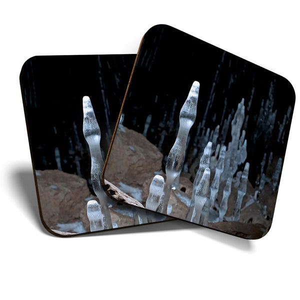 Great Coasters (Set of 2) Square / Glossy Quality Coasters / Tabletop Protection for Any Table Type - Ice Stalks Stalagmites Cave  #3378