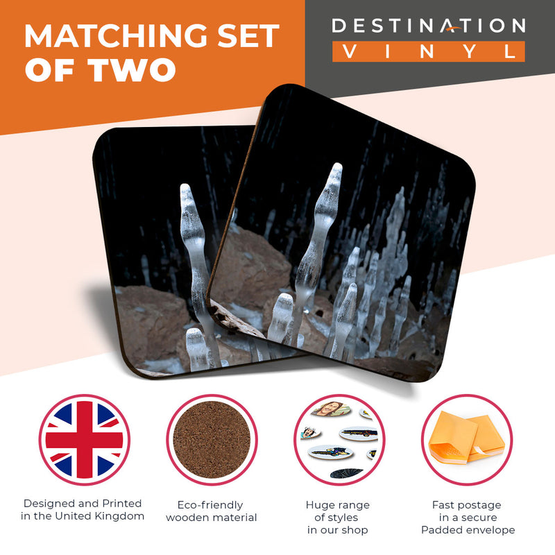 Great Coasters (Set of 2) Square / Glossy Quality Coasters / Tabletop Protection for Any Table Type - Ice Stalks Stalagmites Cave