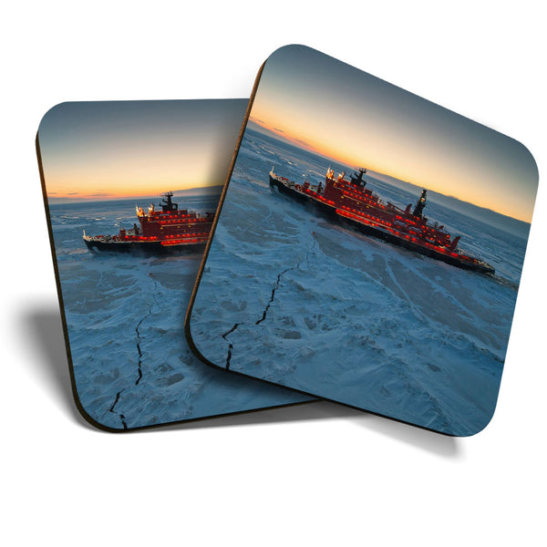 Great Coasters (Set of 2) Square / Glossy Quality Coasters / Tabletop Protection for Any Table Type - Icebreaker Ship Arctic Ice  #3379