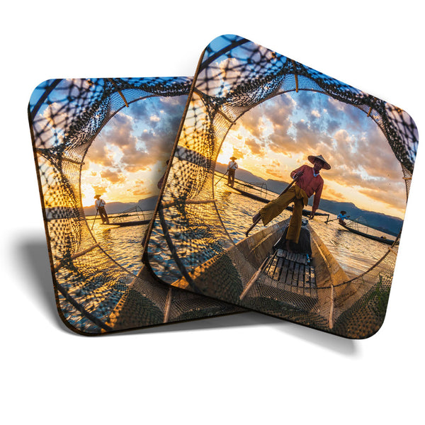 Great Coasters (Set of 2) Square / Glossy Quality Coasters / Tabletop Protection for Any Table Type - Inle Lake Myanmar Burma Asia  #3385