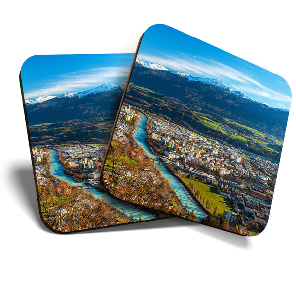 Great Coasters (Set of 2) Square / Glossy Quality Coasters / Tabletop Protection for Any Table Type - Beautiful Innsbruck Austria  #3386