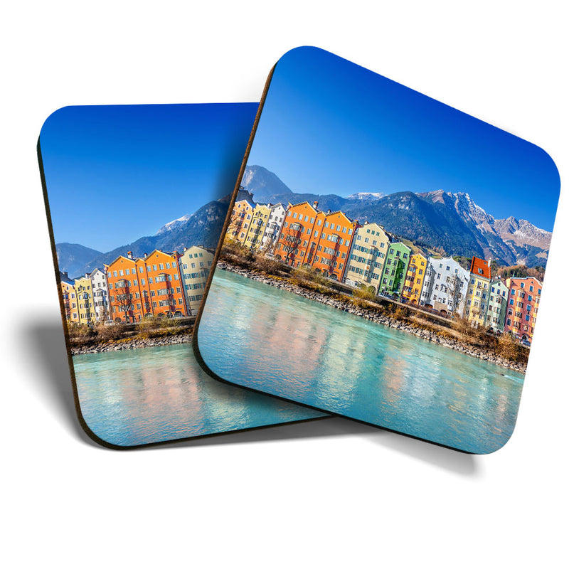 Great Coasters (Set of 2) Square / Glossy Quality Coasters / Tabletop Protection for Any Table Type - Innsbruck Austria Cityscape