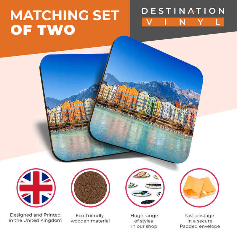 Great Coasters (Set of 2) Square / Glossy Quality Coasters / Tabletop Protection for Any Table Type - Innsbruck Austria Cityscape