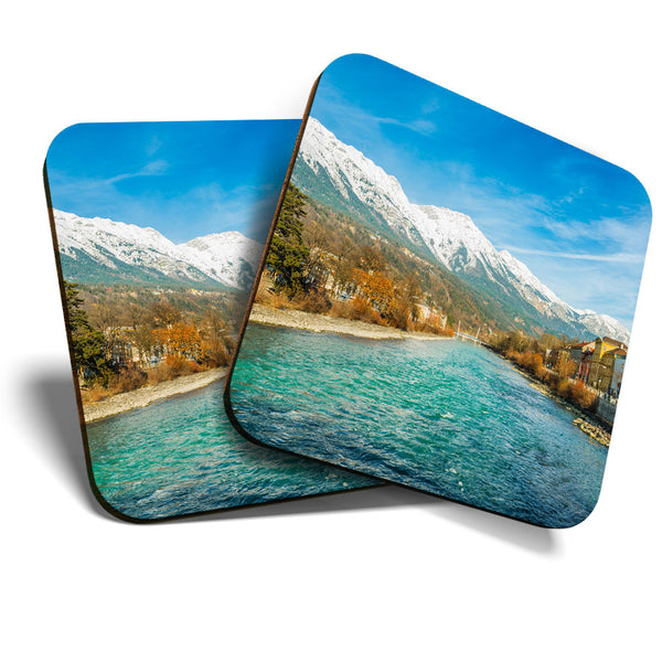 Great Coasters (Set of 2) Square / Glossy Quality Coasters / Tabletop Protection for Any Table Type - Innsbruck Austria Mountains  #3388