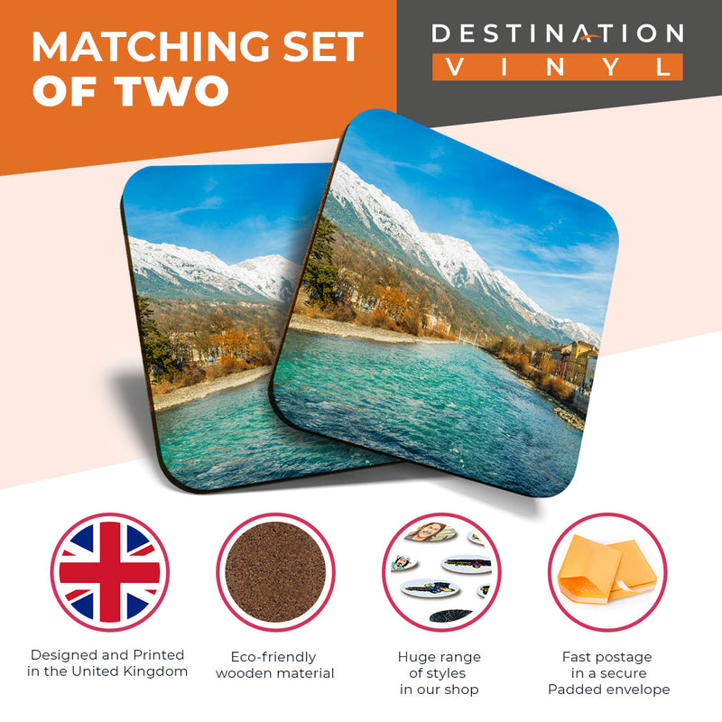 Great Coasters (Set of 2) Square / Glossy Quality Coasters / Tabletop Protection for Any Table Type - Innsbruck Austria Mountains