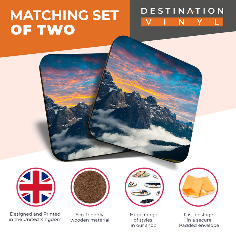 Great Coasters (Set of 2) Square / Glossy Quality Coasters / Tabletop Protection for Any Table Type - Dolomite Mountains Italy