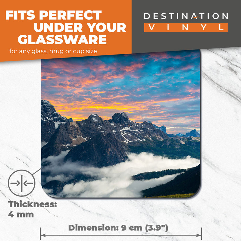 Great Coasters (Set of 2) Square / Glossy Quality Coasters / Tabletop Protection for Any Table Type - Dolomite Mountains Italy