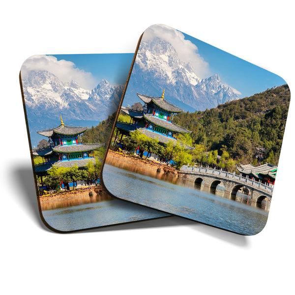 Great Coasters (Set of 2) Square / Glossy Quality Coasters / Tabletop Protection for Any Table Type - Lijiang China Snow Mountain  #3392