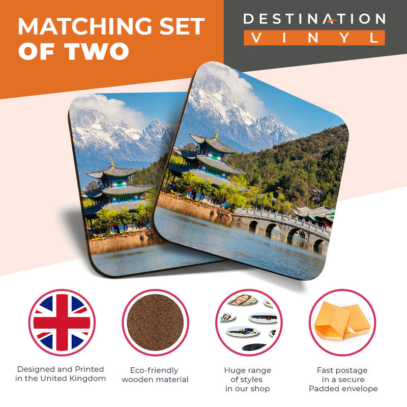 Great Coasters (Set of 2) Square / Glossy Quality Coasters / Tabletop Protection for Any Table Type - Lijiang China Snow Mountain