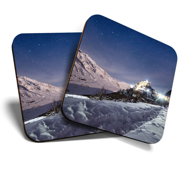 Great Coasters (Set of 2) Square / Glossy Quality Coasters / Tabletop Protection for Any Table Type - Key Monastery Tibet Buddhist  #3397