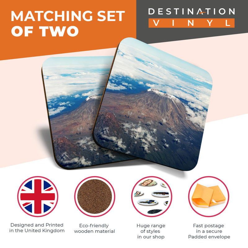 Great Coasters (Set of 2) Square / Glossy Quality Coasters / Tabletop Protection for Any Table Type - Kilimanjaro Tanzania Africa
