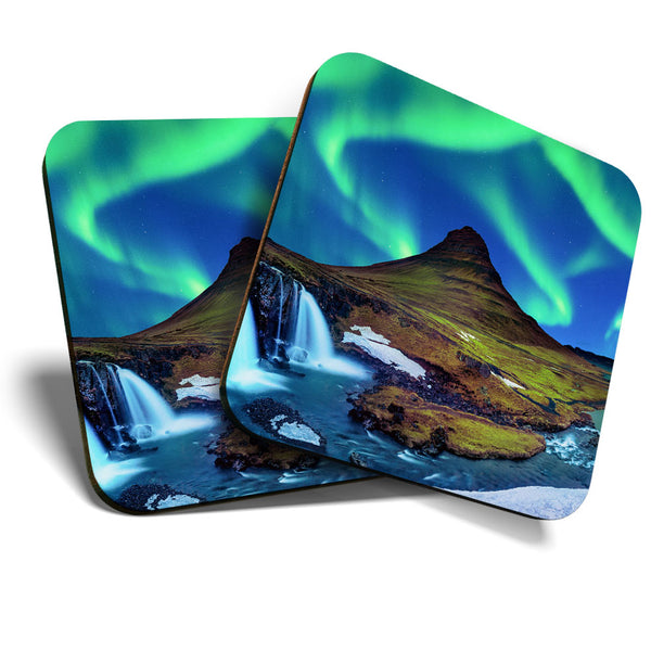Great Coasters (Set of 2) Square / Glossy Quality Coasters / Tabletop Protection for Any Table Type - Kirkjufell Iceland Aurora  #3400