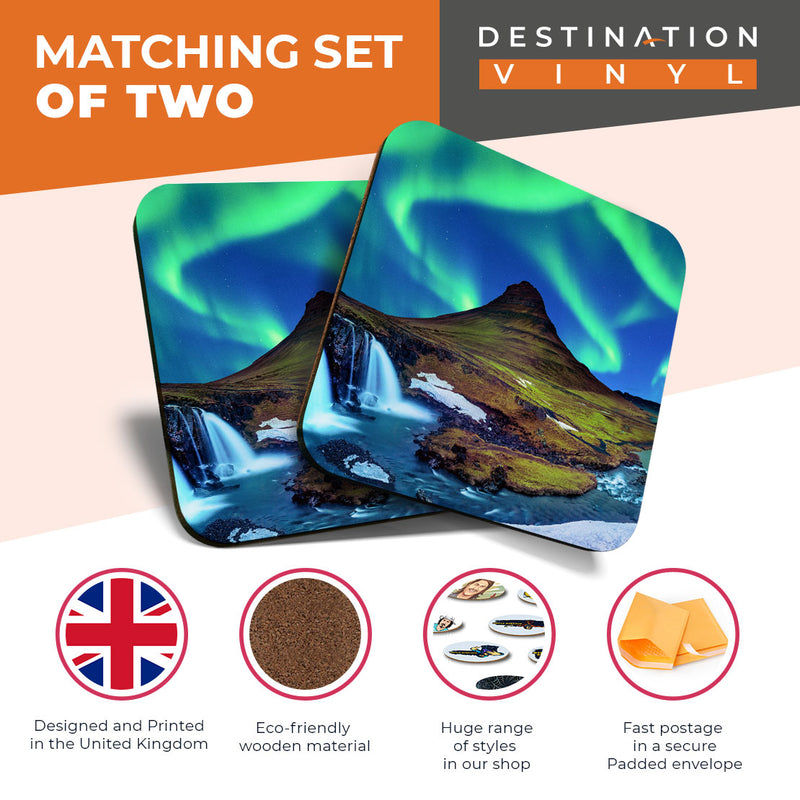 Great Coasters (Set of 2) Square / Glossy Quality Coasters / Tabletop Protection for Any Table Type - Kirkjufell Iceland Aurora