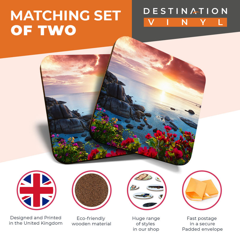 Great Coasters (Set of 2) Square / Glossy Quality Coasters / Tabletop Protection for Any Table Type - Koh Samui Thailand Beach