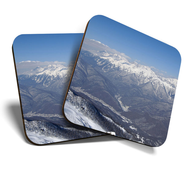 Great Coasters (Set of 2) Square / Glossy Quality Coasters / Tabletop Protection for Any Table Type - Snowy Mountains Sochi Russia  #3406