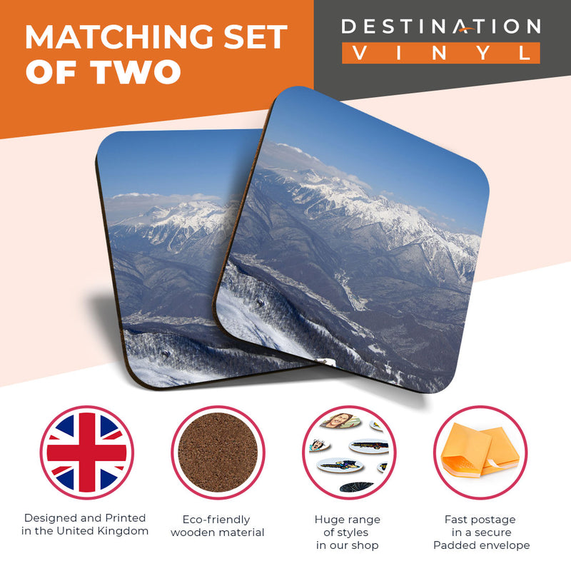 Great Coasters (Set of 2) Square / Glossy Quality Coasters / Tabletop Protection for Any Table Type - Snowy Mountains Sochi Russia