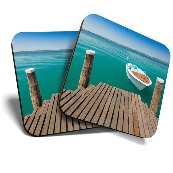 Great Coasters (Set of 2) Square / Glossy Quality Coasters / Tabletop Protection for Any Table Type - Lake Garda Italy Italian  #3410