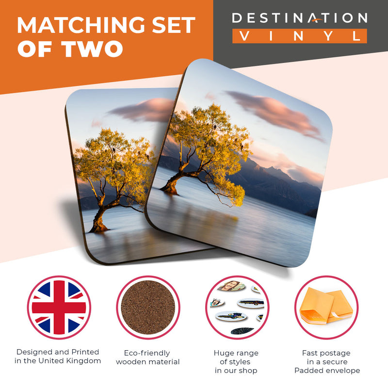 Great Coasters (Set of 2) Square / Glossy Quality Coasters / Tabletop Protection for Any Table Type - Cute Lake Wanaka New Zealand