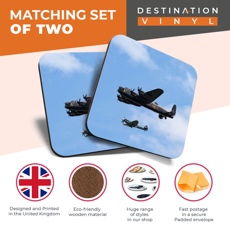 Great Coasters (Set of 2) Square / Glossy Quality Coasters / Tabletop Protection for Any Table Type - Lancaster Bomber Retro Plane